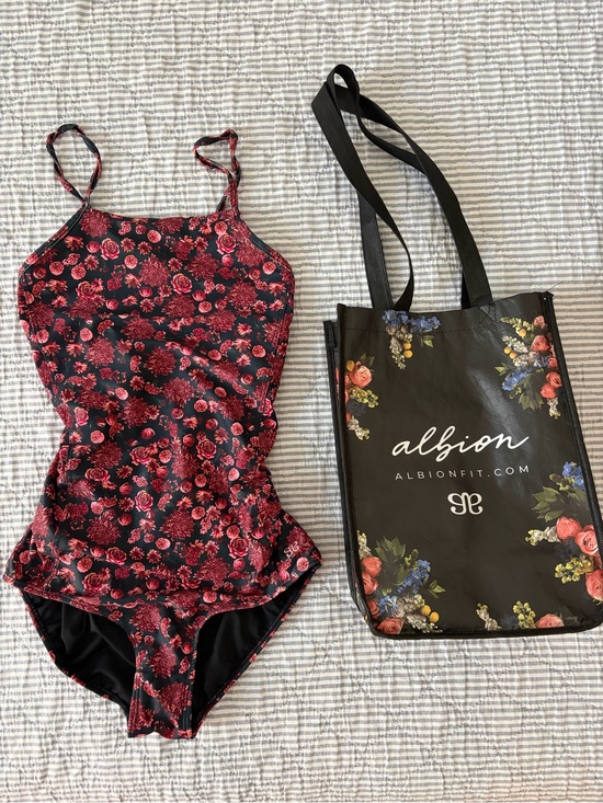 Albion Other - Albion Black Weekender One-Piece with floral ditzy pink/black pattern and tote